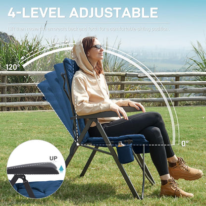 EVER ADVANCED Opvouwbare campingstoel, rugverstelling in 4 standen, belastbaar tot 150 KG, 6 cm dik gepolsterd met zijvak, drankhouder, tuinstoel met hoge rugleuning, visstoel voor kamp, tuin, balkon