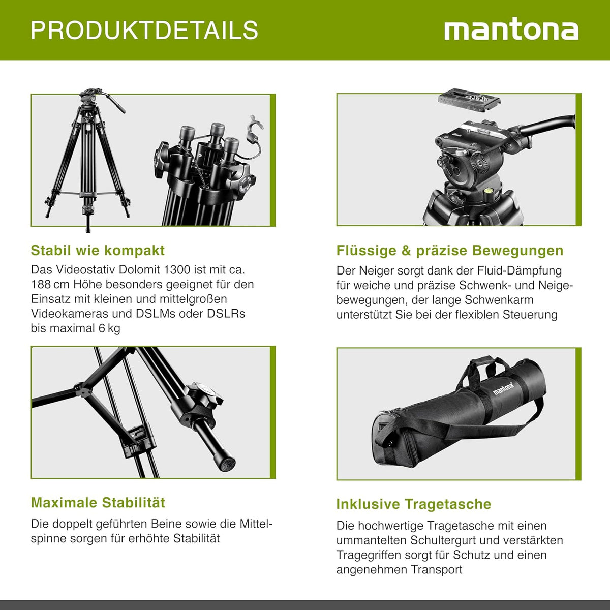 Mantona Dolomit 1300 Videostatief, 188 cm (incl. Fluid Neiger met Waterpas, Quick Release Plaat, Draaibaar Handvat Transporttas) voor DSLR en Videocamera, Zwart