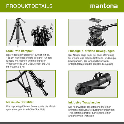 Mantona Dolomit 1300 Videostatief, 188 cm (incl. Fluid Neiger met Waterpas, Quick Release Plaat, Draaibaar Handvat Transporttas) voor DSLR en Videocamera, Zwart