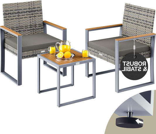 CASARIA® Outdoor Furniture Polyrattan Set Weatherproof 2 Chairs Table Cushions Load Up to 160 kg Adjustable Terrace Balcony Furniture Lounge Acacia Wood Grey - QUORE