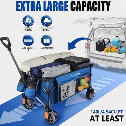 GXCROR Opvouwbare Trolleykar - 140L Heavy Duty Opvouwbare Wagon met Afneembare 14,5 cm diameter & 6 cm Brede Wielen voor Camping, Strand, Tuinieren, 130 kg Capaciteit