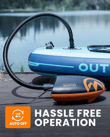 OutdoorMaster The Shark Hogedruk SUP-pomp - Elektrische luchtpomp met 20 PSI actief koelsysteem Slimme tweetraps inflatie en automatische uitschakeling voor opblaasbaar peddelbord, boten, watersport-opblaasboten met C7- en H3-klep