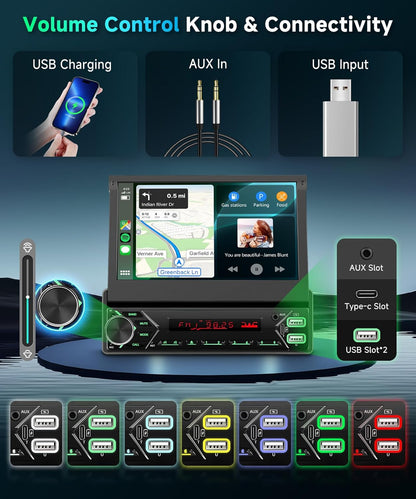 1 DIN DAB+ autoradio met 7-inch gemotoriseerd touchscreen, draadloze CarPlay & Android Auto, Podofo autoradio met Bluetooth, USB-C, Mirror Link en achteruitrijcamera