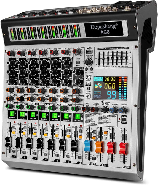 DJ-mixer – Mengpaneel – Mengtafel – Audio Mixer – Soundmixer – 8-Kanaals – USB & Bluetooth – 48V Fantoomvoeding