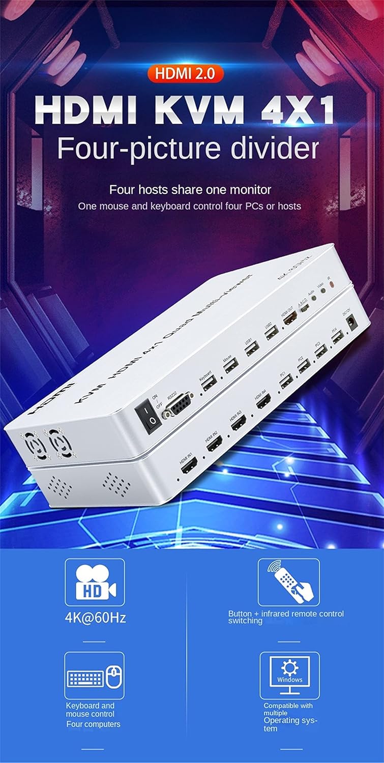 HDMI KVM Quad Splitter 4X1 1.4K 60Hz Multi-Viewer 4X1 HDMI Quad Screen USB Keyboard Mouse PC (4K 60HZ)