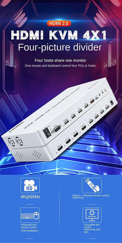 HDMI KVM Quad Splitter 4X1 1.4K 60Hz Multi-Viewer 4X1 HDMI Quad Screen USB Keyboard Mouse PC (4K 60HZ)