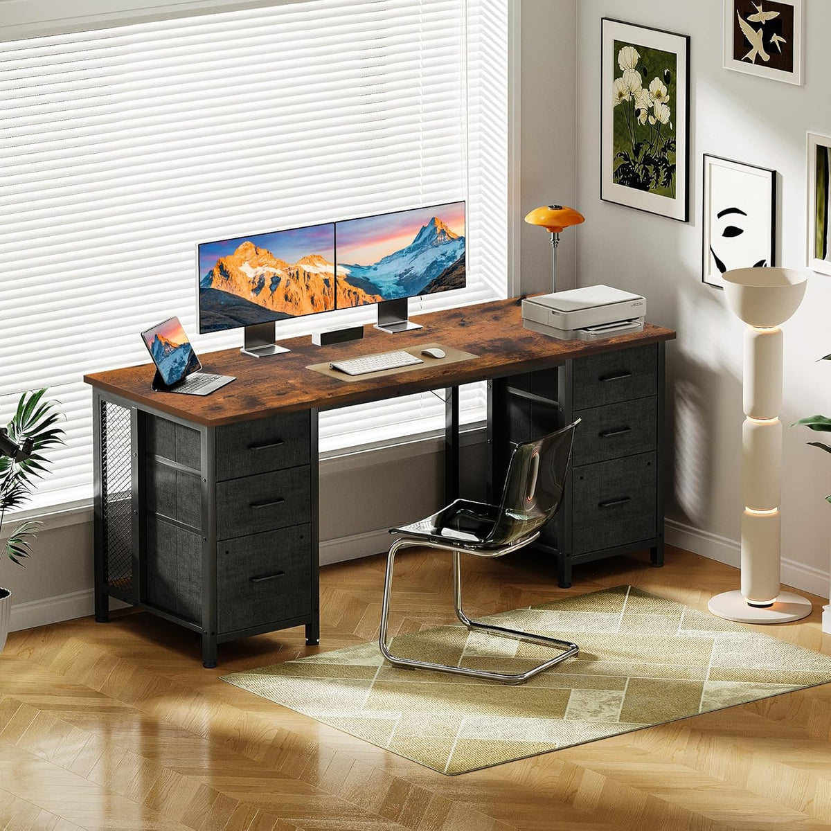 Coleshome Bureau met 6 lades, 160x52 cm Bureau met opslagruimte, Computerbureau met Planken voor Thuiskantoor, Bruin