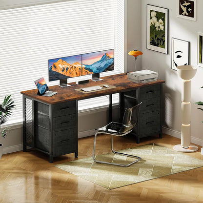 Coleshome Bureau met 6 lades, 160x52 cm Bureau met opslagruimte, Computerbureau met Planken voor Thuiskantoor, Bruin