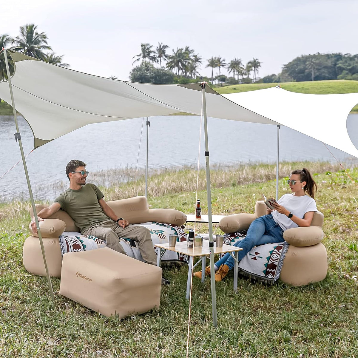 KingCamp Opblaasbare bank, outdoor, camping, luchtbank, met rugleuning, armleuning, opblaasbare bank, camping, voor indoor, outdoor, party, reizen, strand
