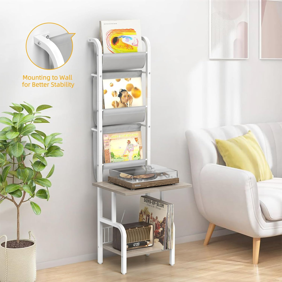 Platenopslag Standaard Met Platenspelerkast – Platenspelerstandaard, Draaitafelstandaard, Platenhouder, Displayplank – Wit – Tot 200 Platen – Extra Groot Bovenblad 50 X 39 Cm