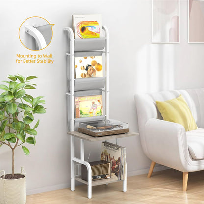 Platenopslag Standaard Met Platenspelerkast – Platenspelerstandaard, Draaitafelstandaard, Platenhouder, Displayplank – Wit – Tot 200 Platen – Extra Groot Bovenblad 50 X 39 Cm