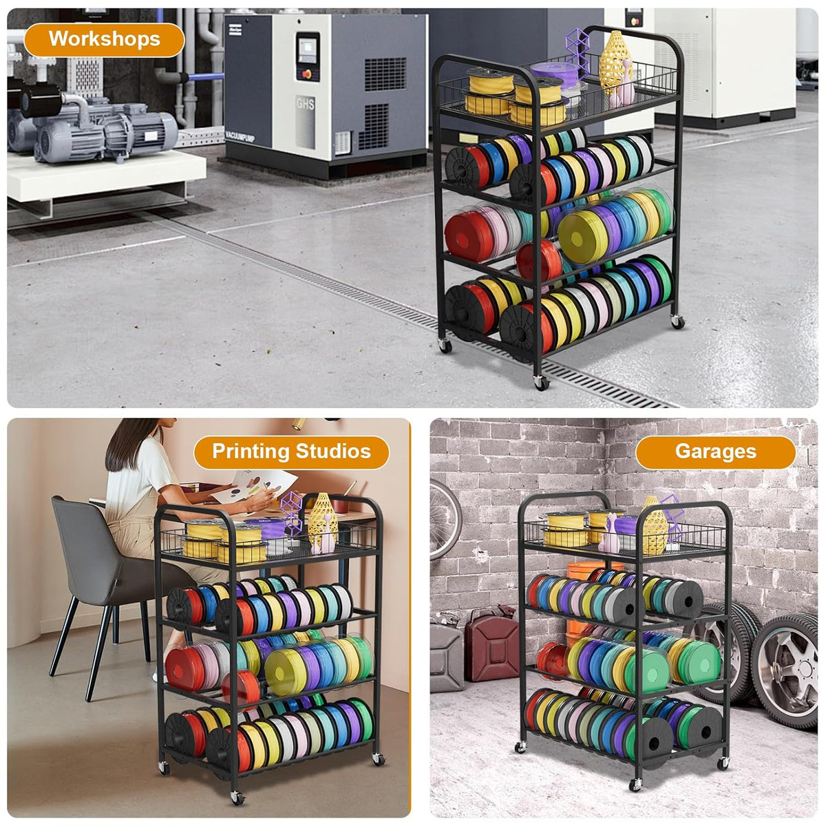 3D-printer filament opbergrek, 4-laags filamentspoelhouder, metalen filamentorganizer met wielen voor PLA/ABS/TPU/PETG/nylon, zware opbergplanken voor 3D-printen, studio, kantoor, werkplaats