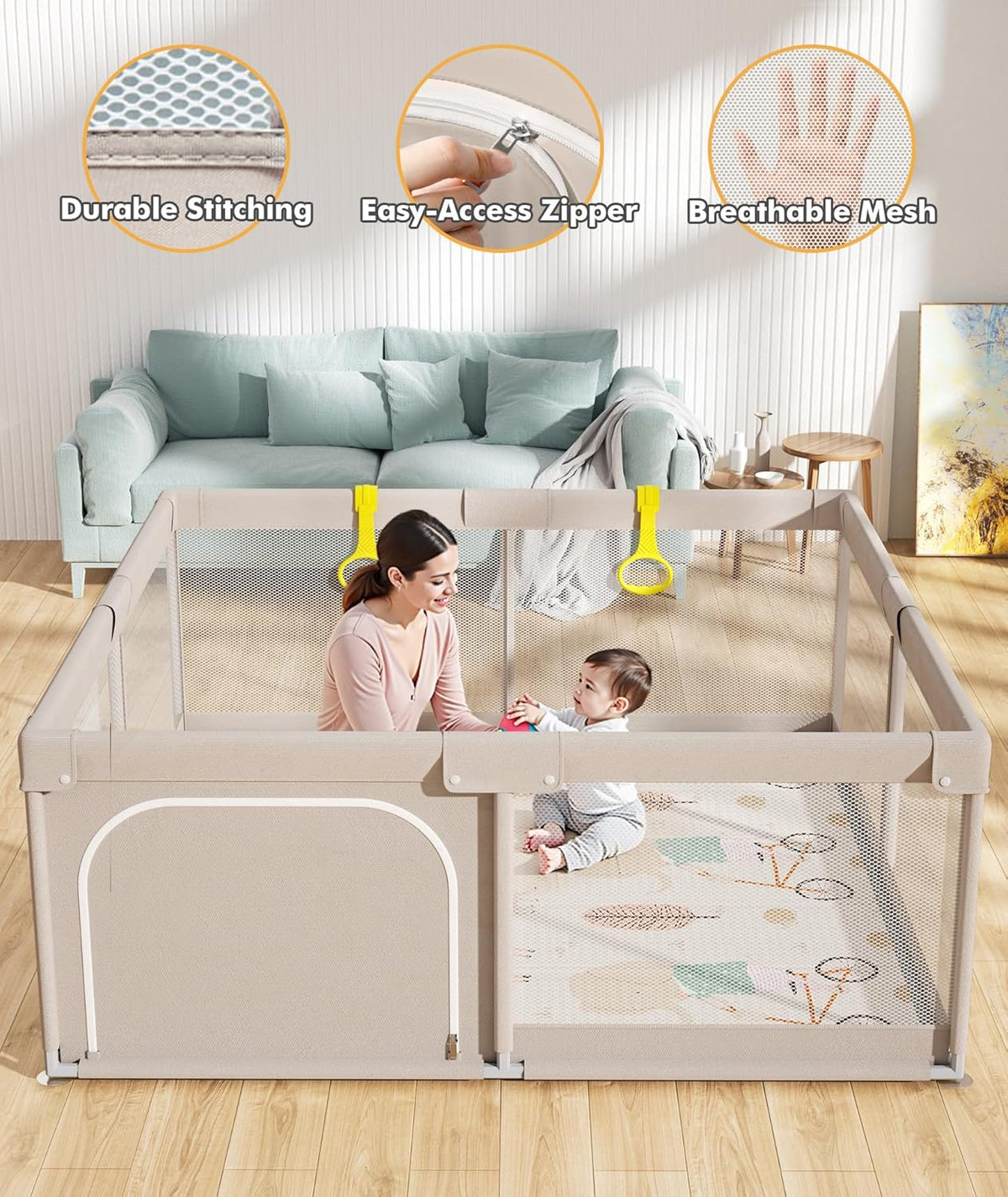 Mloong Baby Playpen with Mat, 59 x 71 Inch Extra Large Playpen for Babies and Toddlers, Indoor & Outdoor Activity Center, Safety Baby Fence with Door, Play Pen, Playground - QUORE