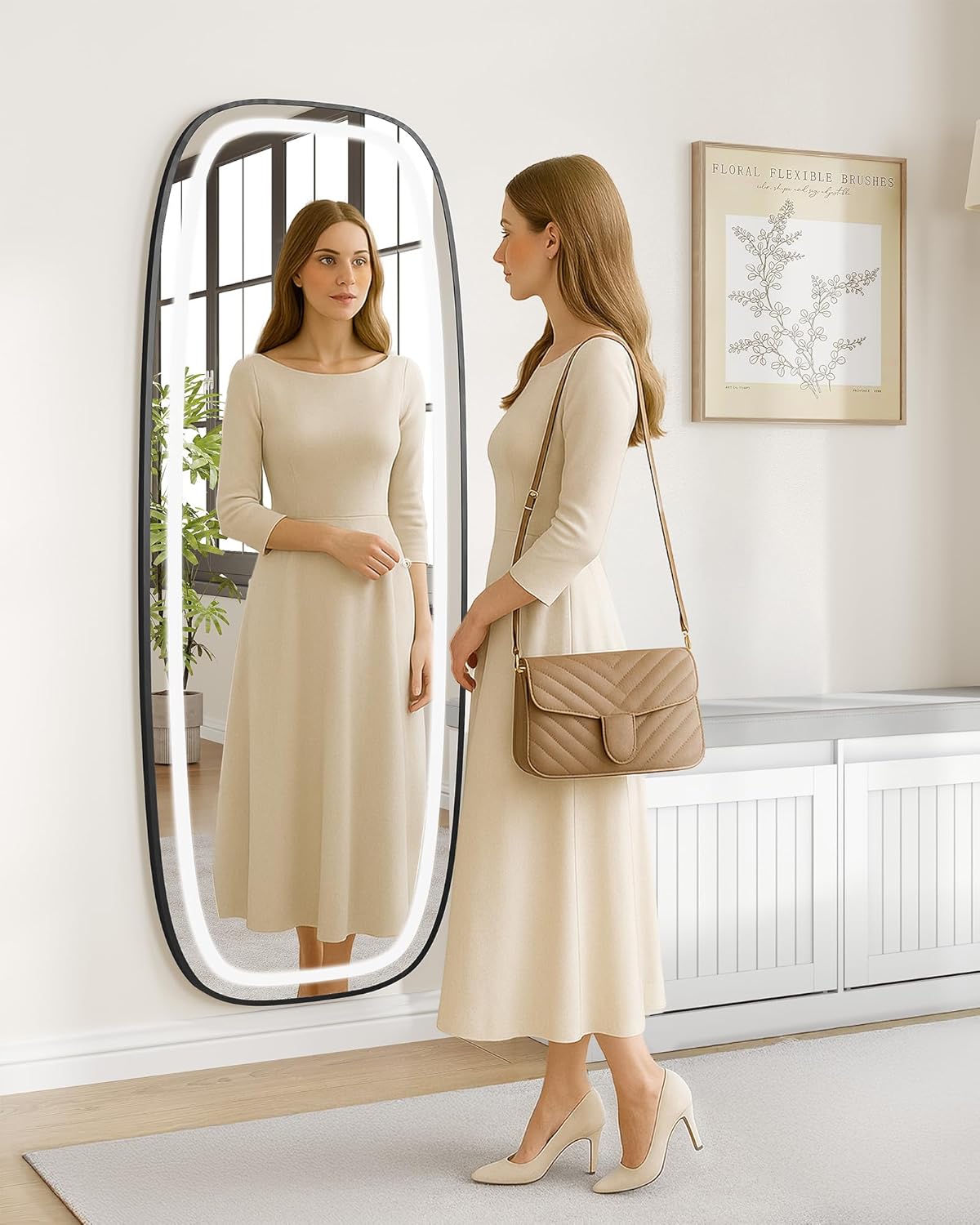 Hzuaneri DM41801B Full Body Mirror with Lighting, 160 x 50 cm, Curved Standing Mirror, Wall Mirror, 3 Light Colours, Adjustable Brightness, for Bedroom and Living Room, Black