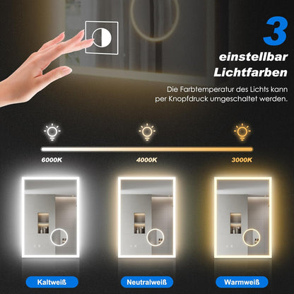 SONNI Led-spiegelkast voor badkamer, met 3-voudige vergrotingsspiegel en stopcontact, 70 x 50 cm, aluminium spiegelkast met touch-schakelaar, 3 lichtkleuren + deogging, IP44 waterdicht