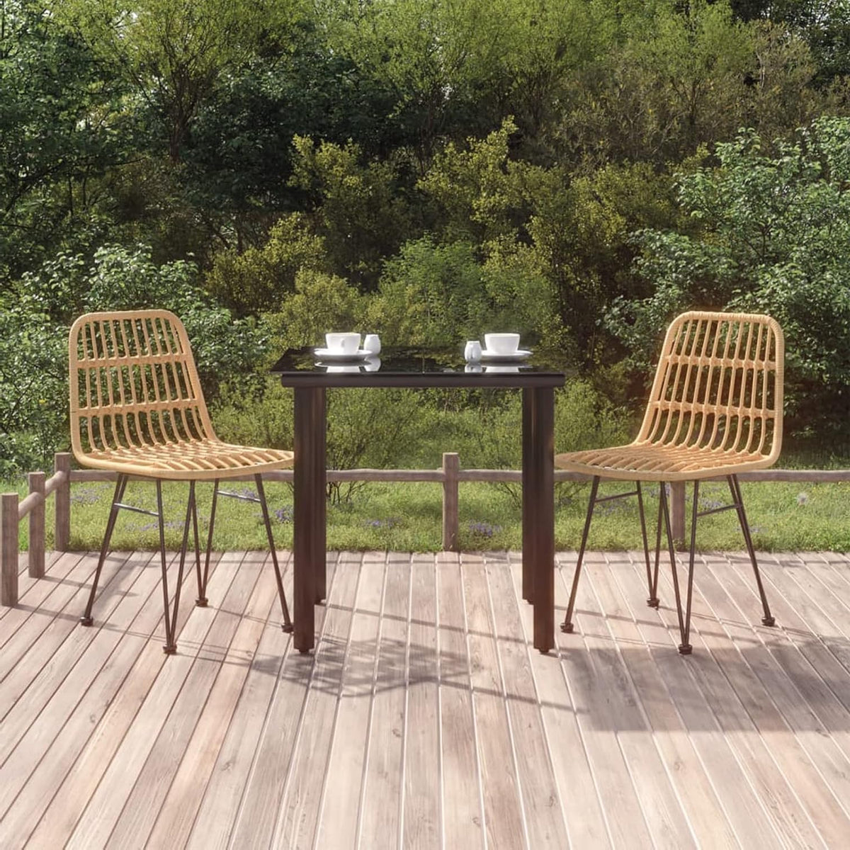 Tidyard Tuin-eetkamerset, glazen tafel en stoelen van gevlochten rieten voor de tuin, eettafel, 3-delig, polyrotan 15#, 1 x tafel, 2 stoelen - QUORE