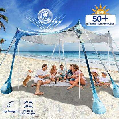 Rhino Valley Beach Tent Sun Shelter, Beach Canopy Tent Sun Shade UPF50+ Protection with 8 Sandbags 4 Stability Poles, Outdoor Beach Shade Canopy Camping, Fishing, 10 * 10FT, Dark Blue Turtle