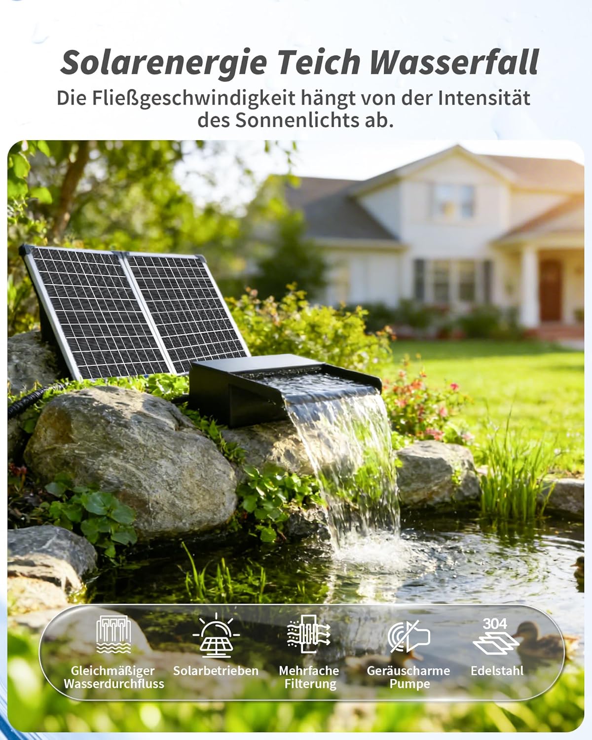 POPOSOAP Watervalvijver, 55 W zonne-waterval met vijverpomp 2000 l/u, 20 cm brede roestvrijstalen watervalbox, 3,0 m golfbuis, gebruiksklaar voor tuinvijverwaterfuncties buiten