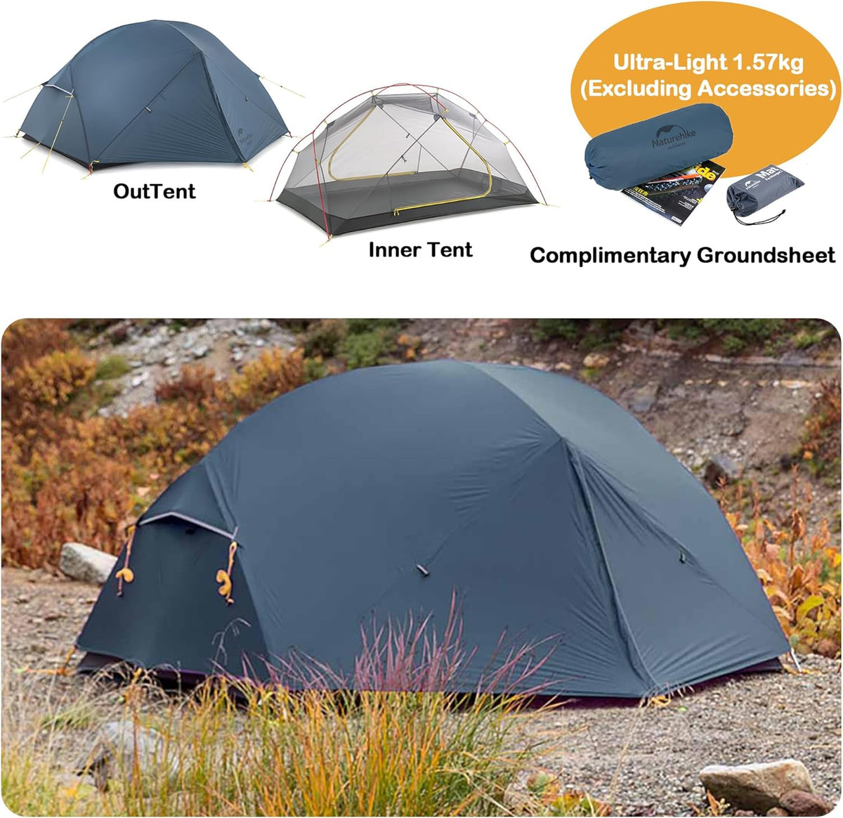 Naturehike Mongar Ultralichte tent, 1,57 kg, campingtent voor 2 personen, waterdicht PU2000+, winddicht, dubbellaagse rugzaktent voor wandelen, kamperen