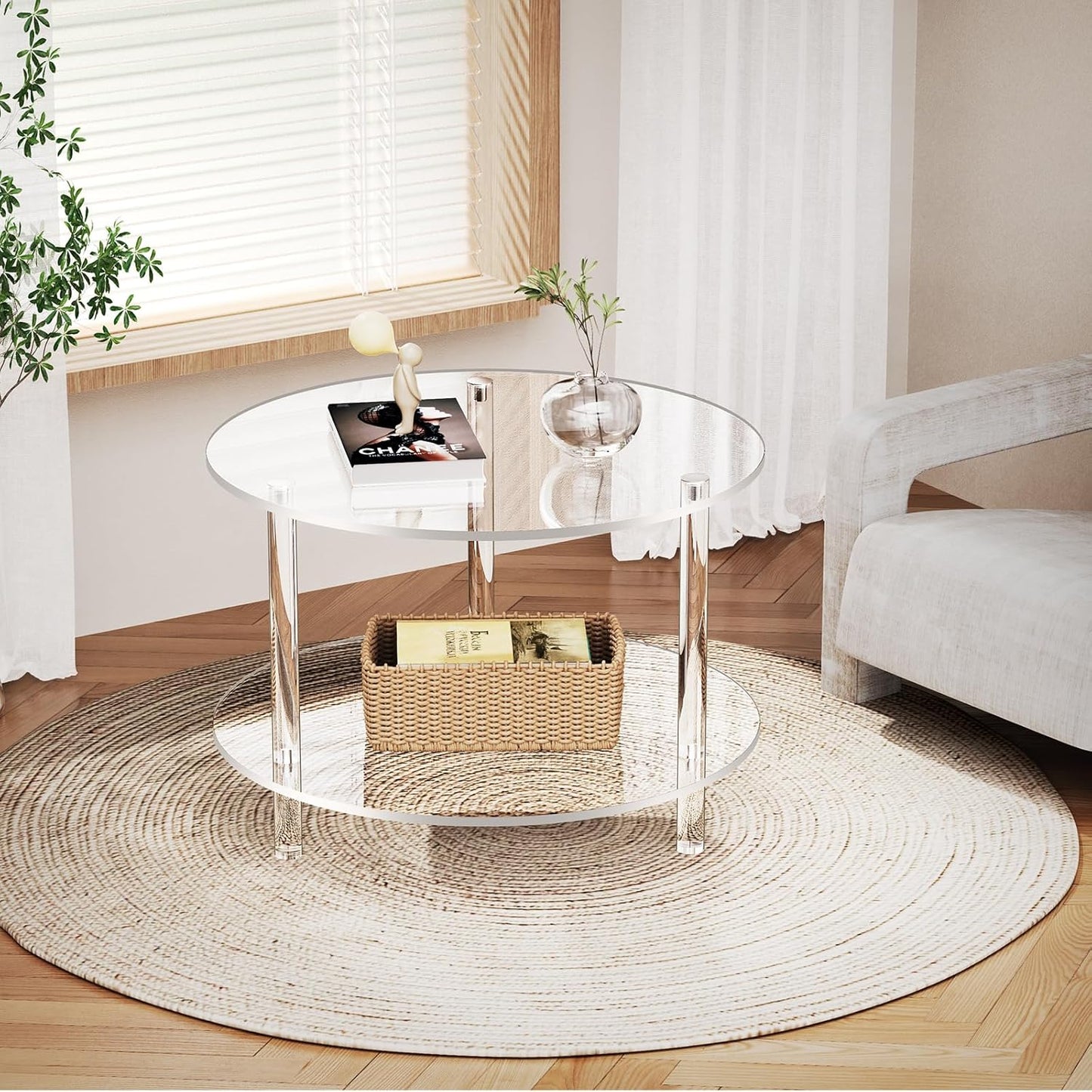 Acryl salontafel voor woonkamer, rond, Lucite tafel met open opbergrek, doorzichtig