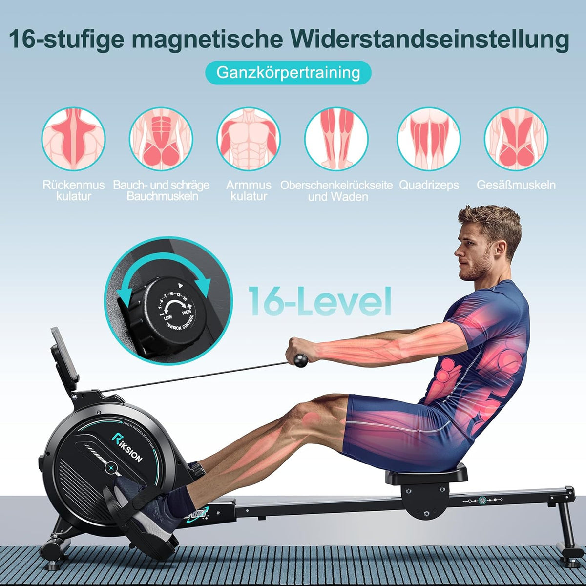 [2026 Test version] Rudergerät für Zuhause mit Magnet-Fitnesstrainer,Rudergerät 16 Stufen Widerstand,Indoor-Gerät für das Home-Gym, Cardio-Trainingsgerät, 160 kg Kapazität mit LCD-Monitor - QUORE