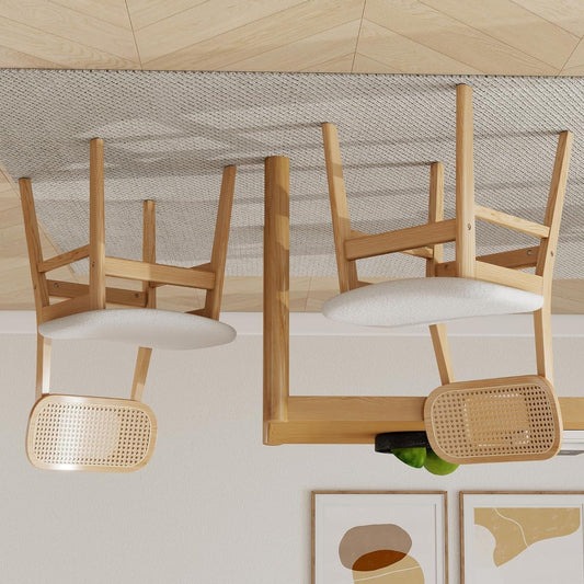 Rotan Eetkamerstoelen – Keukenstoelen – Zijden Stoelen – Side Chairs – Beige Variant – Ademend Rotan Rugleuning – Zachte Kunstbont Zitting - QUORE