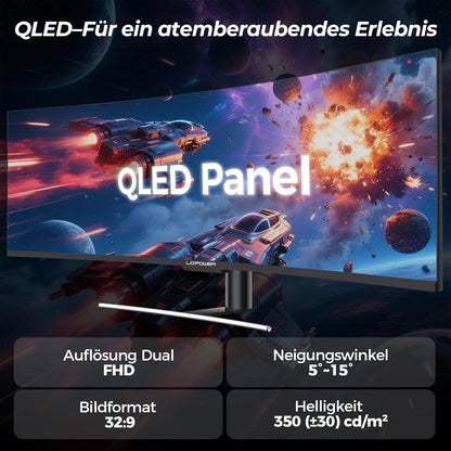 LC-Power LC-M49-DFHD-144-C-Q Ultrawide Gaming-Monitor, gebogen, 49 inch (1500R, QLED-VA, 144Hz, DFHD 3840 x 1080, AMD FreeSync™ Premium, HDR 400, levendige kleuren)