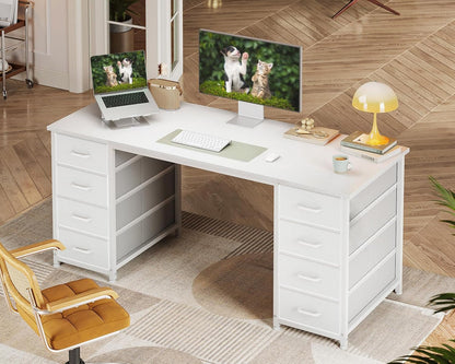 Coleshome Bureau met 8 Stoffen Laden, 140 x 48 cm, Wit Bureau met Opbergruimte, Computertafel, Bureautafel, PC-Tafel, Kantoortafel voor Kantoor, Woonkamer, Thuiskantoor