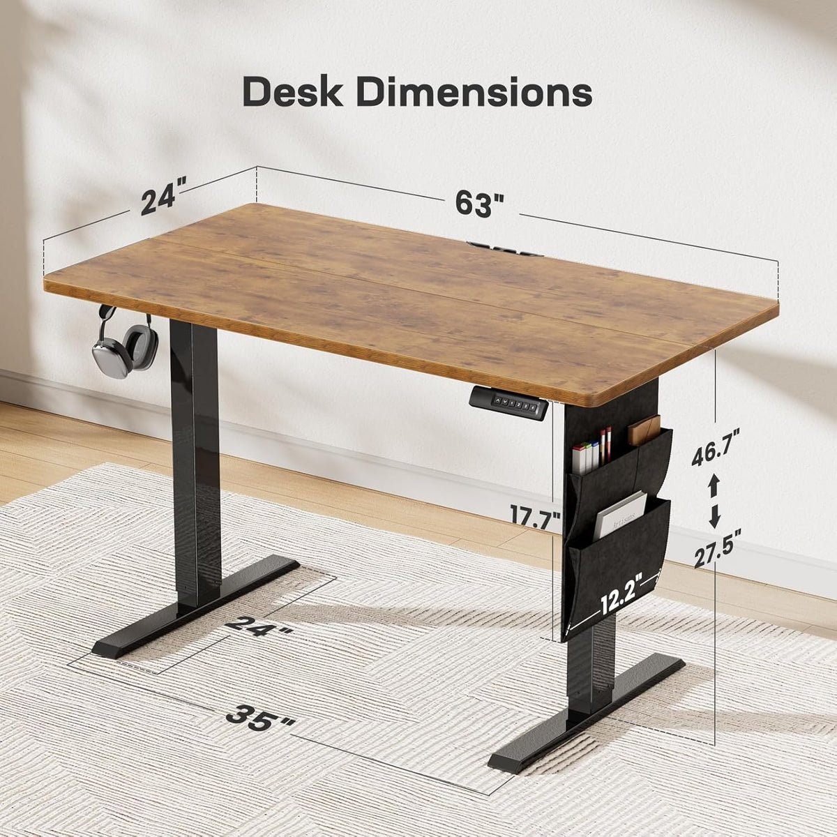 Marsail Electric Standing Desk Height Adjustable Dining Standing 160cm Desk Accessory with Storage Bag Preset Computer Desk with Headphone Hook - QUORE