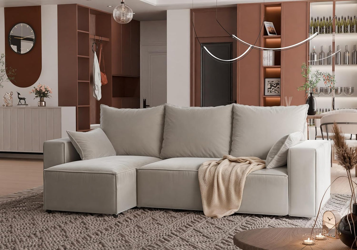 Corner sofa with sleeping function Tobi 246x145 cm - Sofa with bed drawer - corner sofa - L-shape - sofa bed - sofa bed with drawer - universal (Velo 623 Cappuccino) - QUORE
