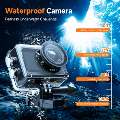 SVBONY SvGo2 Action Camera 4K30FPS, 20MP, Waterdichte Behuizing Onderwatercamera 30M, 5x Zoom Touchscreen Sportcamera's, met Bekabelde Microfoon, EIS Anti-shake, Afstandsbediening, voor Sport Vlog