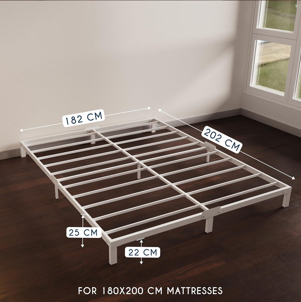 Dreamzie Bedframe 180 x 200 Van Metaal, Bedframe 180 x 200 Voor Matrassen Eenpersoonsbed, Hoogte 25 cm, Robuust, Eenvoudige Montage, Omvangrijke Opbergruimte, Witte Lattenbodem