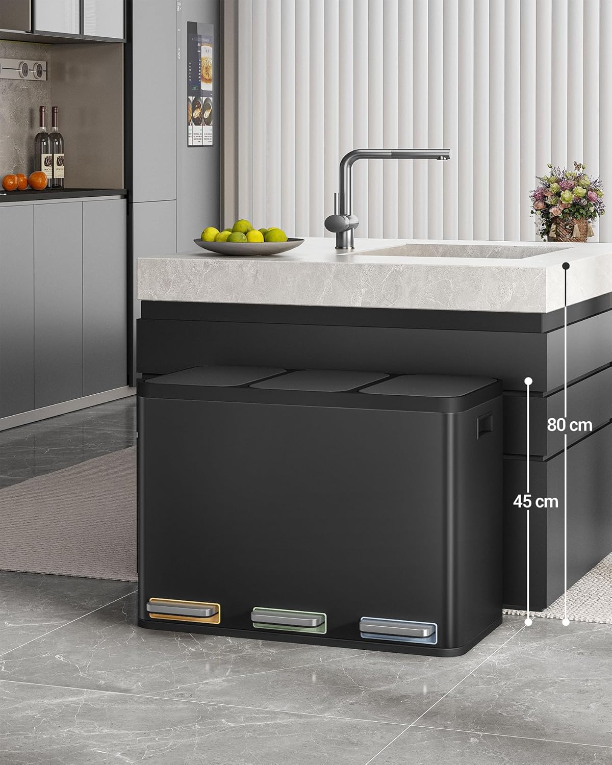 Hzuaneri Garbage Separation System for Kitchen, 3 Compartments, 45L (3 x 15 L), Stainless Steel Kitchen Waste Bin, Pedal Bin with Colour-Codable Pedals, Waste Bin, Quiet Slow Descent, Black