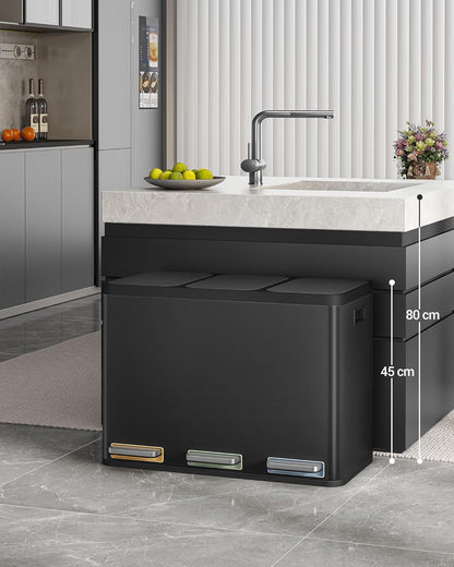 Hzuaneri Garbage Separation System for Kitchen, 3 Compartments, 45L (3 x 15 L), Stainless Steel Kitchen Waste Bin, Pedal Bin with Colour-Codable Pedals, Waste Bin, Quiet Slow Descent, Black