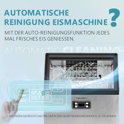 EUHOMY Commerciële ijsblokjesmachine, 45 kg/24 uur, roestvrij staal, ondertafel-ijsmachine met 15 kg ijsopslagcapaciteit, vrijstaande ijsmachine met timer, ideaal voor bars, drankwinkels en grote