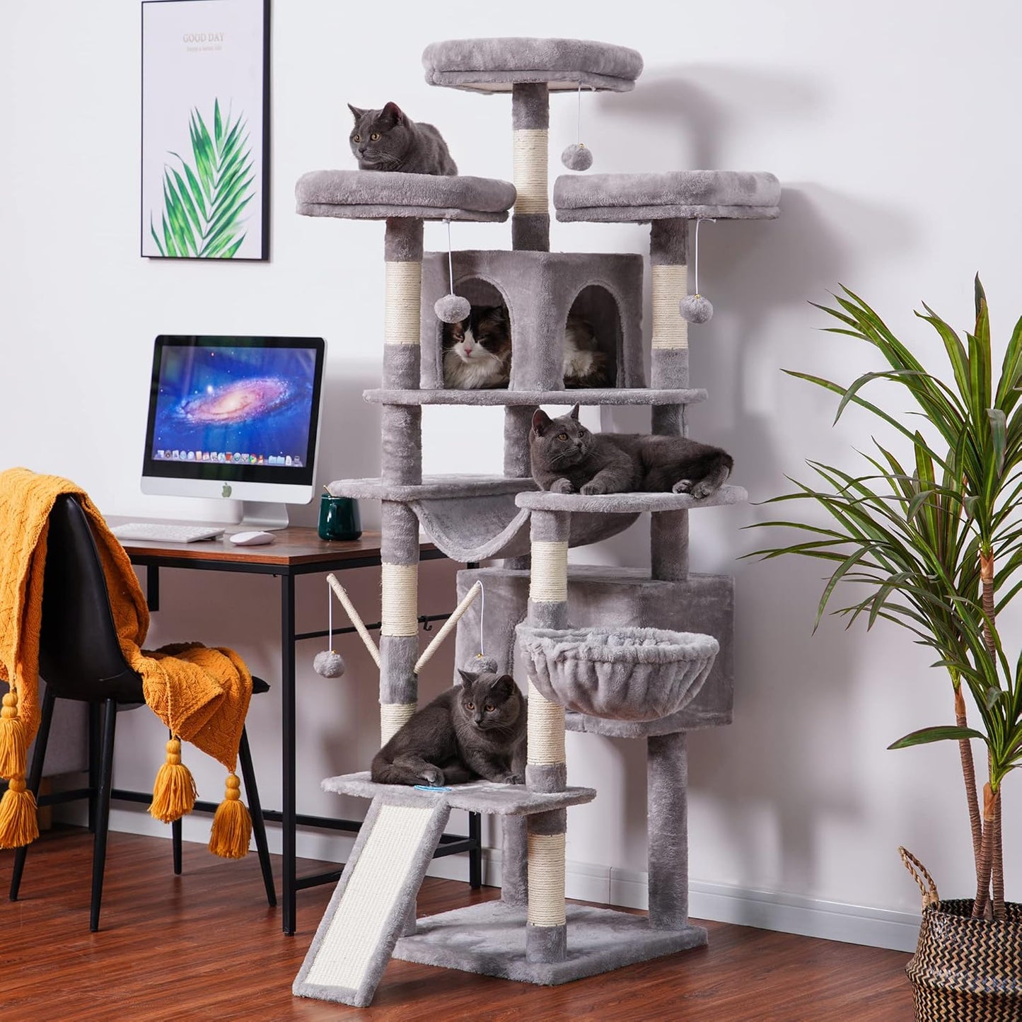 Krabpaal XXL voor Grote Katten – Kattentoren – Kattenboom – Kattenmeubel – Klimboom – Lichtgrijs – 180 cm Hoog – Met Groot Krabvlak en Sisaltouw