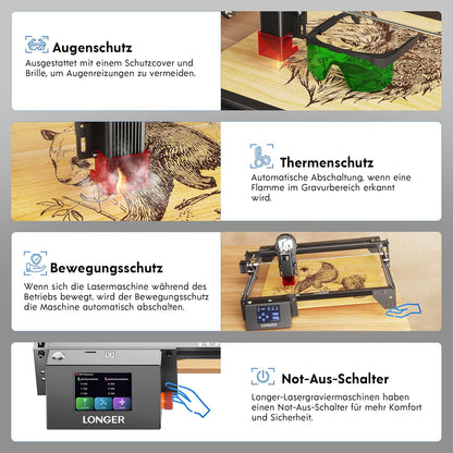 LONGER 5 W lasergraveermachine beginners, 400 × 400 mm graveerbereik, 3,5 inch kleuren-touchscreen, app-besturing offline, metaal/glas/houtgravure, ideaal voor kleine bedrijven