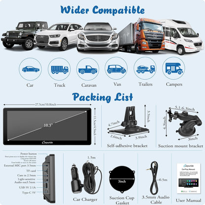 Carpuride W103 Pro met Draadloze Bluetooth Transmissie Draagbare Apple Carplay & Android Auto Autoradio, 10,3 inch 1080P Touchscreen, Mirror Link/GPS/Siri/FM/Google, Dashboard Gemonteerd