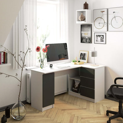 AKORD B-20 Corner Desk with 3 Drawers, 2 Shelves and a Door for Home and Office, 155 x 77 x 85 cm, 60 kg, White and Graphite Grey for - QUORE
