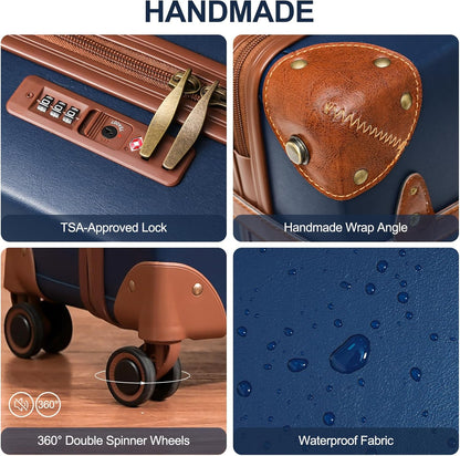 Urecity Vintage reiskofferset, 4-delig, licht, retro, lederen koffer, harde schaal, trolley, handbagage, sets met TSA-slot en 8 wielen (S-M-L-XL), blauw, Kofferset