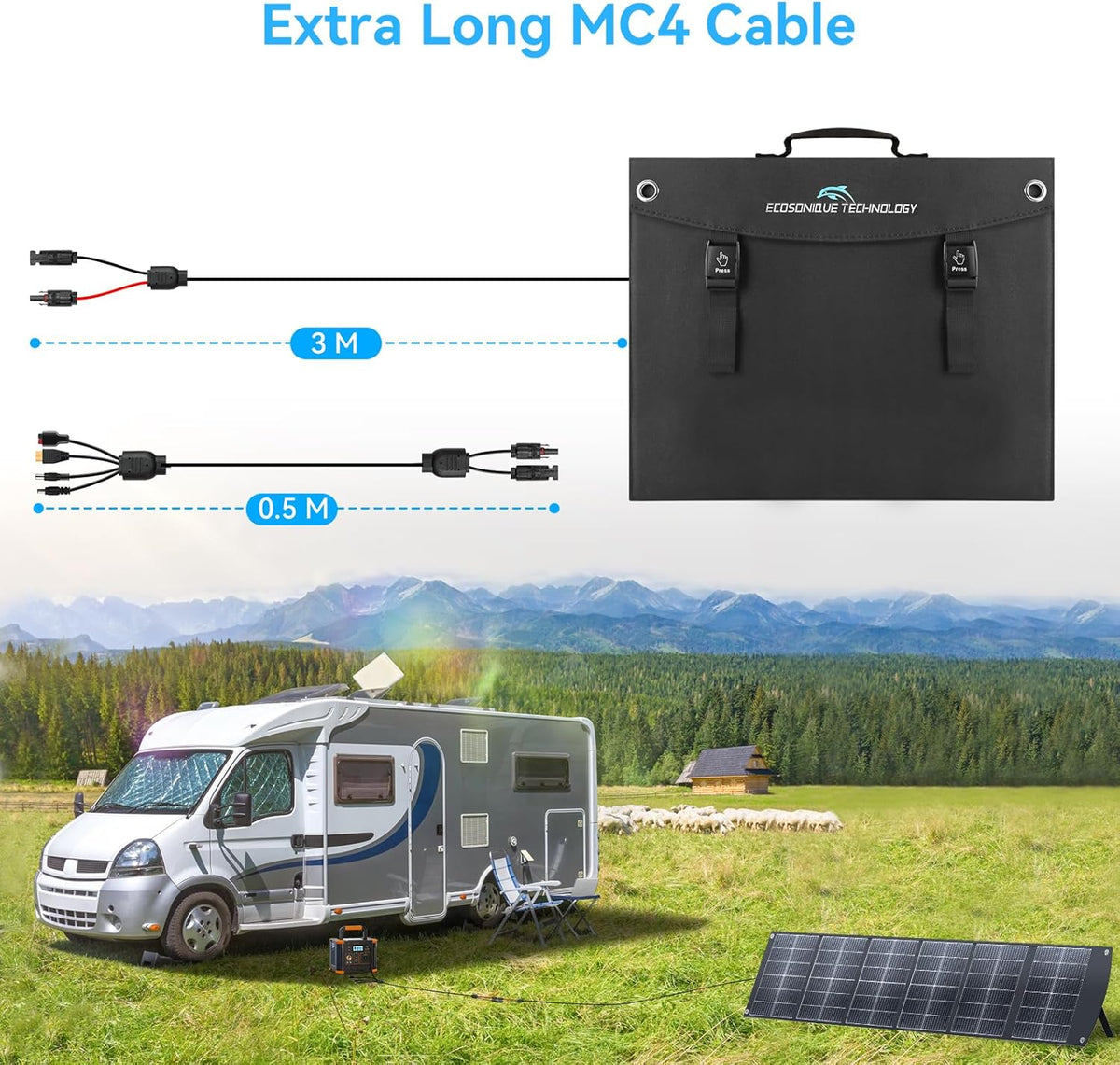Ecosonique 200W Portable Solar Panel Foldable with Kickstand, USB-C PD3.0 & USB-A QC3.0, MC4, Multi-Output for Power Stations, Generators, Motorhomes, Hiking - QUORE