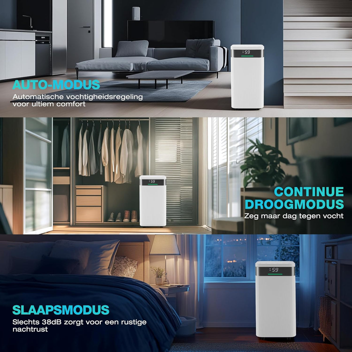 HAUSHOF Luchtontvochtiger 12L/Dag, Elektrische Ontvochtiger met 2L Tank en LED Display, 3 Modus, Dehumidifier voor Slaapkamer, Kelder, Badkamer, Verwijderd Damp