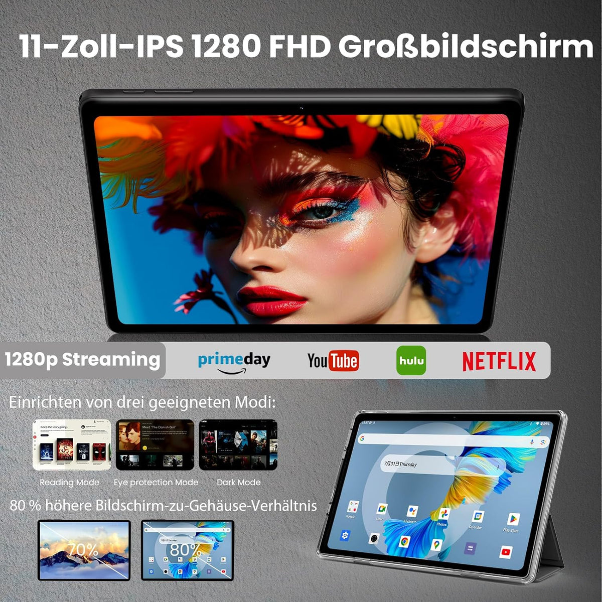 Android 16-tablet, 11 inch tablet,32GB + 128GB, uitbreidbaar tot 1TB, productiviteitsbundel met toetsenbordhoes, stylus, octa-coreprocessor, dubbele camera, wifi 6, 8000mAh-batterij (Nero)
