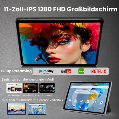 Android 16-tablet, 11 inch tablet,32GB + 128GB, uitbreidbaar tot 1TB, productiviteitsbundel met toetsenbordhoes, stylus, octa-coreprocessor, dubbele camera, wifi 6, 8000mAh-batterij (Nero)