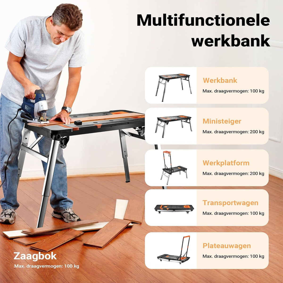 Wiltec werktafel 7-in-1 multifunctionele werkbank als zaagbok werkplatform rolplank transportwagen handkar ligkar trolley steiger van aluminium staal plastic met remmen en haak