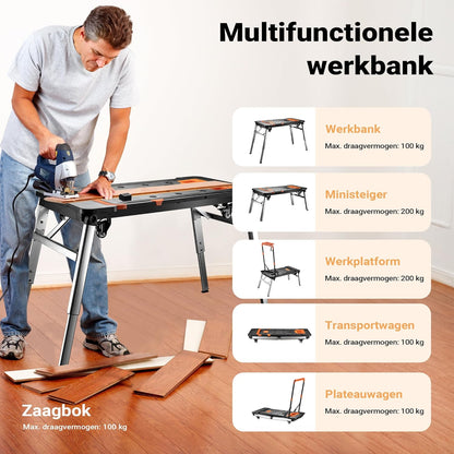 Wiltec werktafel 7-in-1 multifunctionele werkbank als zaagbok werkplatform rolplank transportwagen handkar ligkar trolley steiger van aluminium staal plastic met remmen en haak