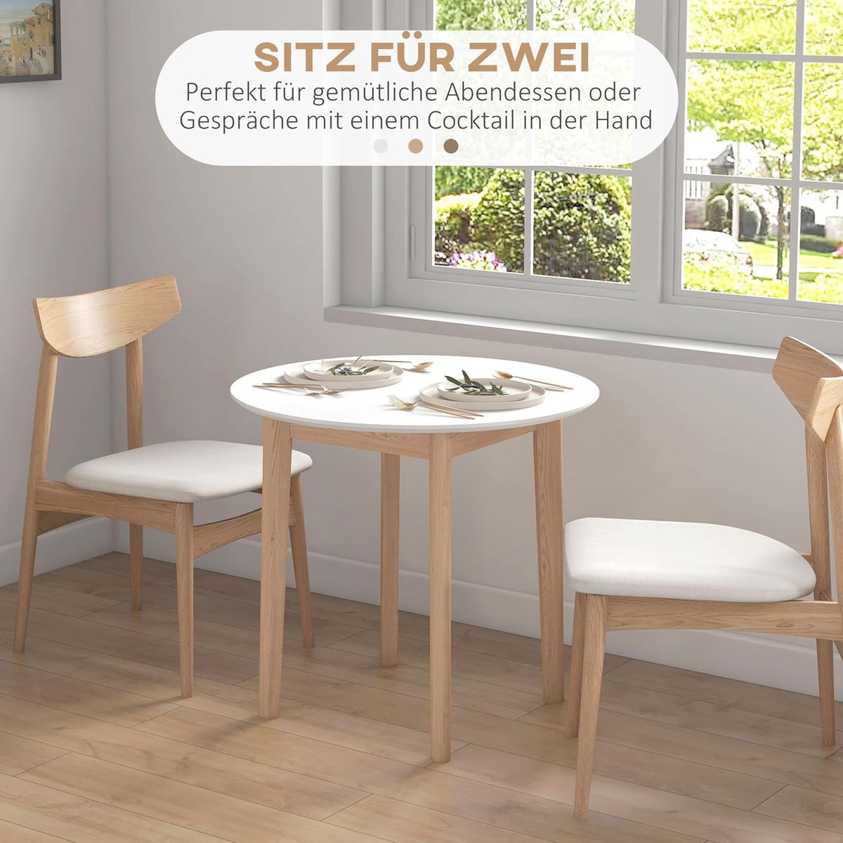 Ronde Eettafel – Tafel Voor Twee – Kleine Eettafel – Koffietafel – Bistrotafel – Massief Grenenhout – Diameter 75 cm, Wit