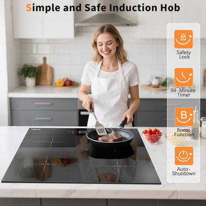 Inductiekookplaat, 4 platen, inbouw kookplaat, 60 cm, 7200 W, individuele touch, boost-functie, veiligheidsvergrendeling, timer, geen stekker, 230 V