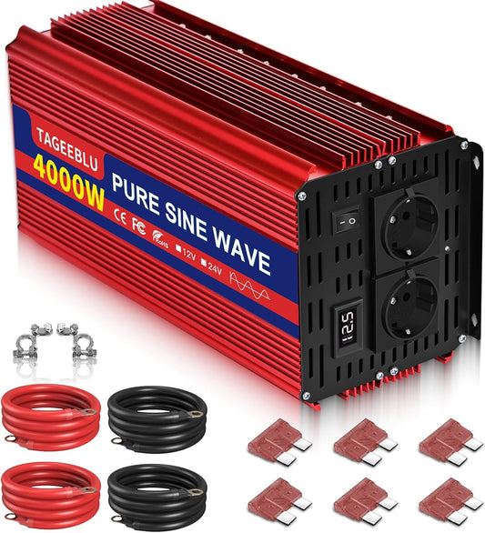4000W Pure Sine Wave Inverter, 12V to 230V Car Power Inverter with EU Socket & LED Display - QUORE