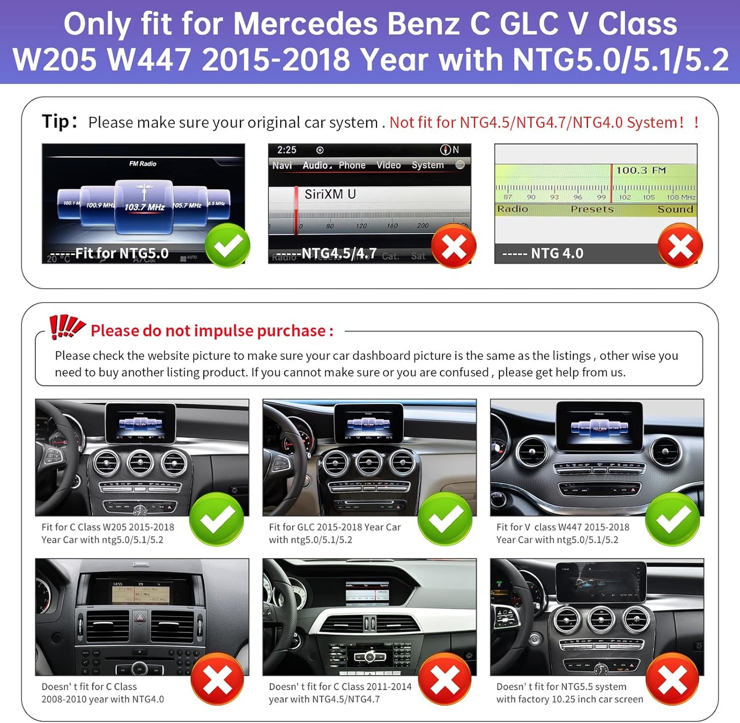 Road Top 10.25 Inch Car Radio Wireless CarPlay Android Car Touch Screen for Mercedes Benz C GLC V Class W205 W447 2016-2018 Year with NTG5.0 System, Support Mirrorlink - QUORE